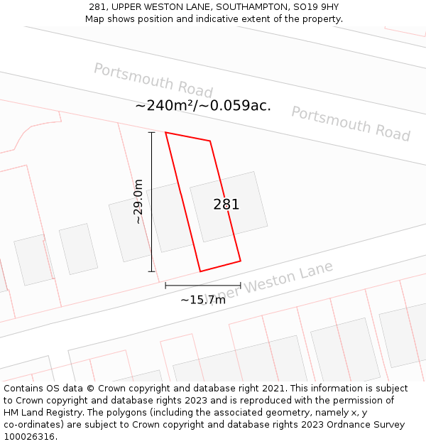 281, UPPER WESTON LANE, SOUTHAMPTON, SO19 9HY: Plot and title map