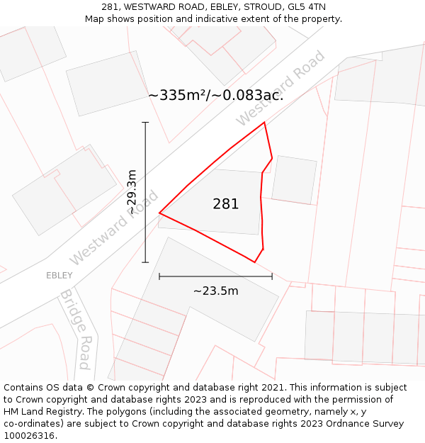 281, WESTWARD ROAD, EBLEY, STROUD, GL5 4TN: Plot and title map