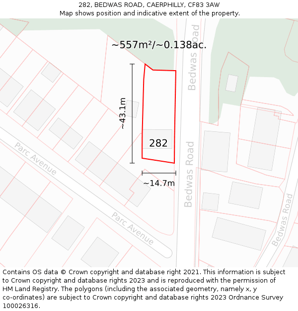 282, BEDWAS ROAD, CAERPHILLY, CF83 3AW: Plot and title map