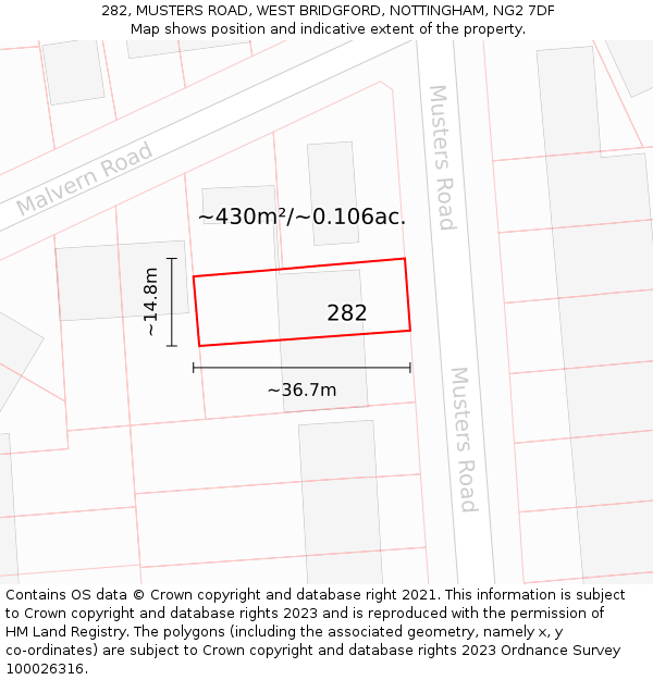 282, MUSTERS ROAD, WEST BRIDGFORD, NOTTINGHAM, NG2 7DF: Plot and title map