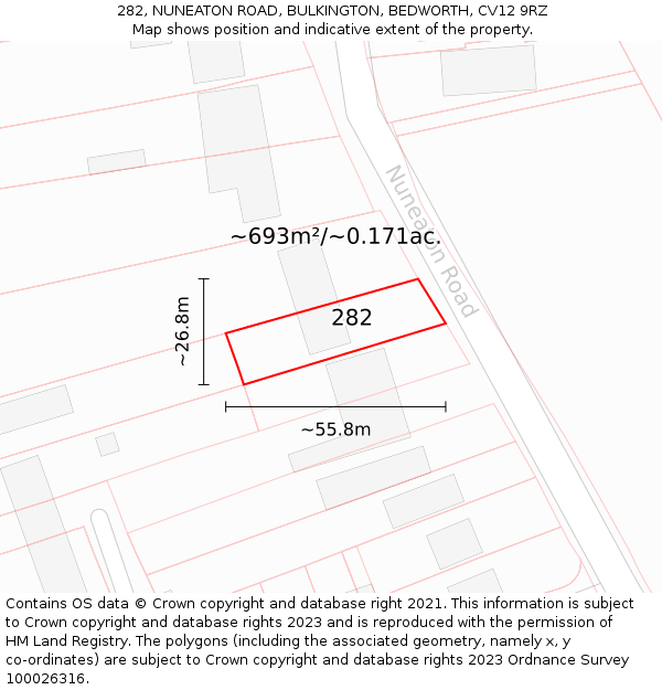 282, NUNEATON ROAD, BULKINGTON, BEDWORTH, CV12 9RZ: Plot and title map