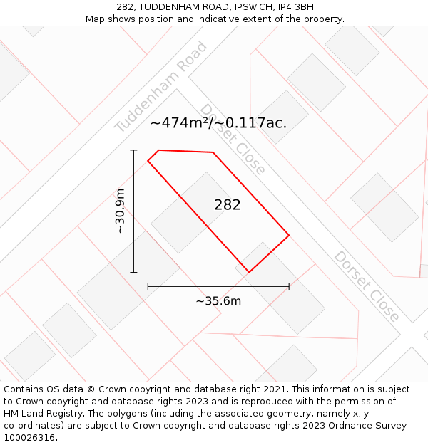 282, TUDDENHAM ROAD, IPSWICH, IP4 3BH: Plot and title map