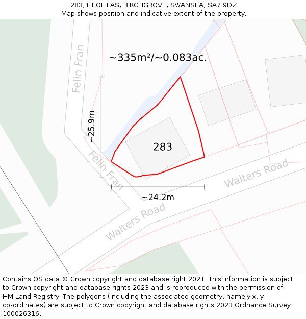 283, HEOL LAS, BIRCHGROVE, SWANSEA, SA7 9DZ: Plot and title map