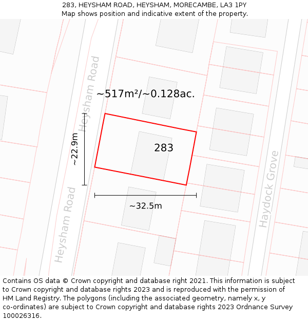 283, HEYSHAM ROAD, HEYSHAM, MORECAMBE, LA3 1PY: Plot and title map