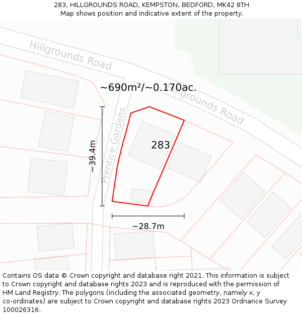 283, HILLGROUNDS ROAD, KEMPSTON, BEDFORD, MK42 8TH: Plot and title map