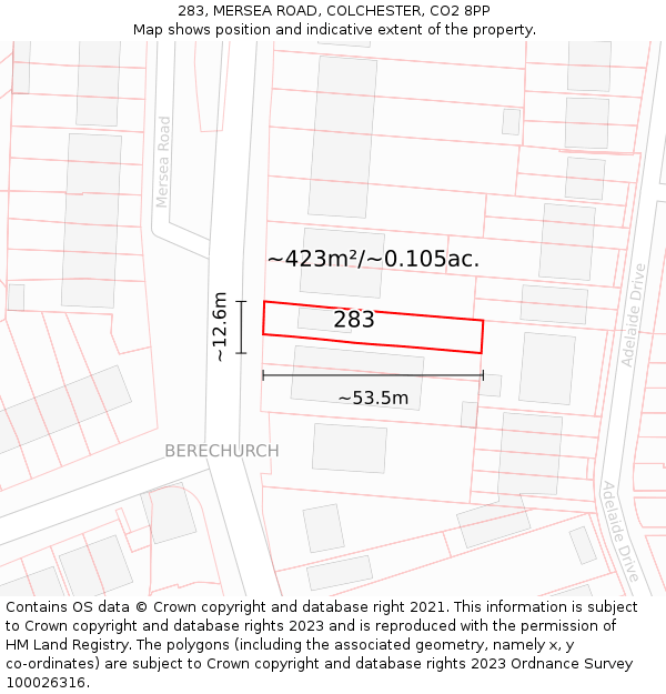 283, MERSEA ROAD, COLCHESTER, CO2 8PP: Plot and title map