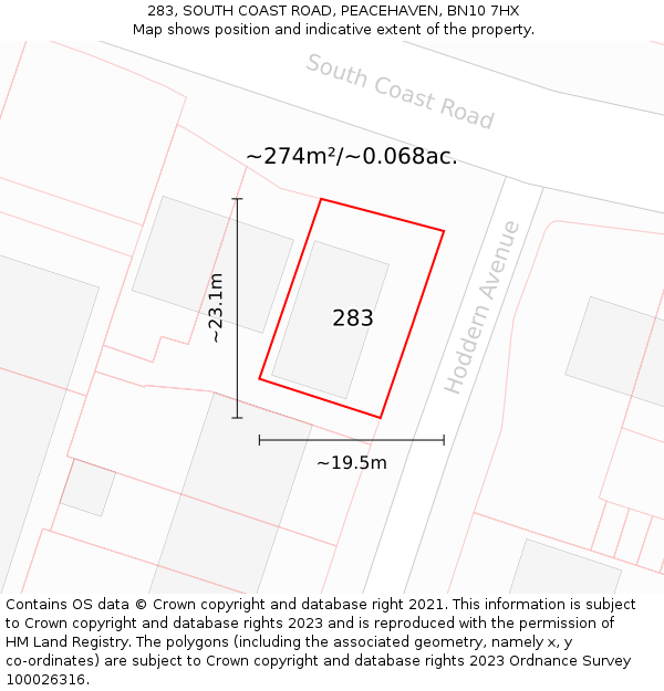 283, SOUTH COAST ROAD, PEACEHAVEN, BN10 7HX: Plot and title map