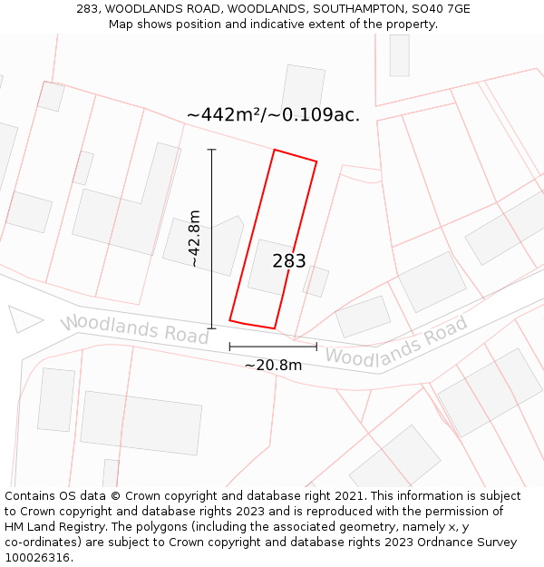 283, WOODLANDS ROAD, WOODLANDS, SOUTHAMPTON, SO40 7GE: Plot and title map