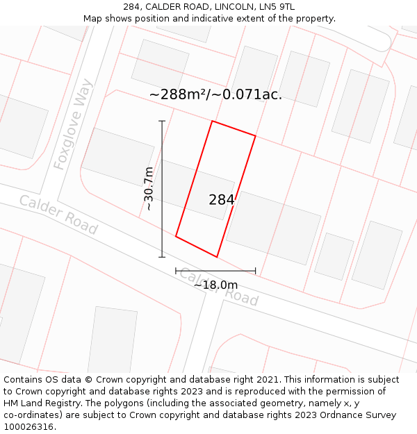284, CALDER ROAD, LINCOLN, LN5 9TL: Plot and title map