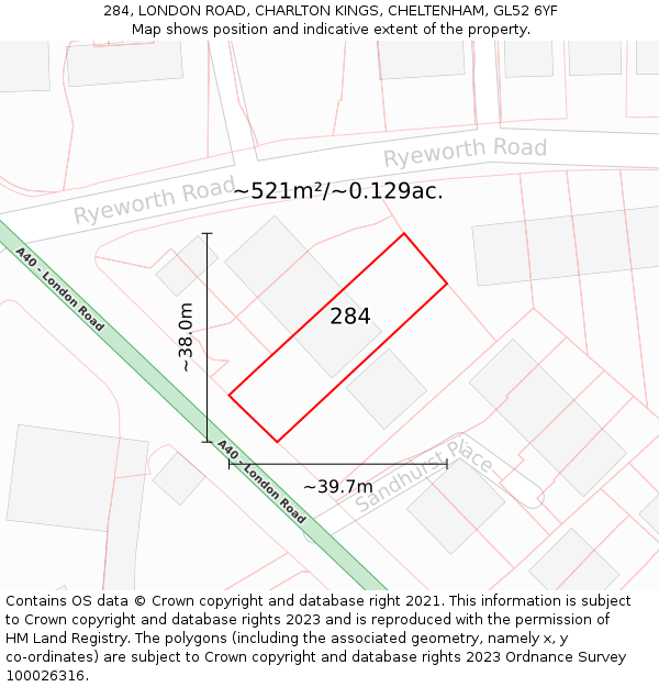 284, LONDON ROAD, CHARLTON KINGS, CHELTENHAM, GL52 6YF: Plot and title map