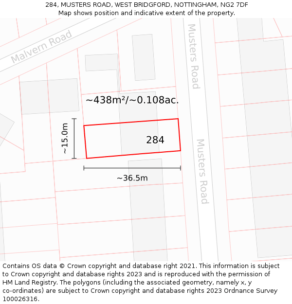 284, MUSTERS ROAD, WEST BRIDGFORD, NOTTINGHAM, NG2 7DF: Plot and title map