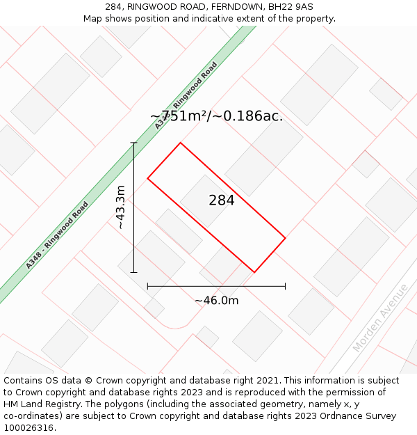 284, RINGWOOD ROAD, FERNDOWN, BH22 9AS: Plot and title map