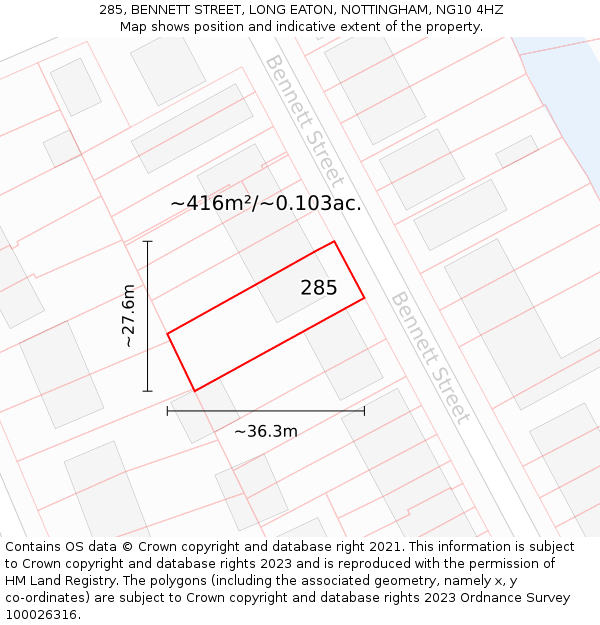 285, BENNETT STREET, LONG EATON, NOTTINGHAM, NG10 4HZ: Plot and title map