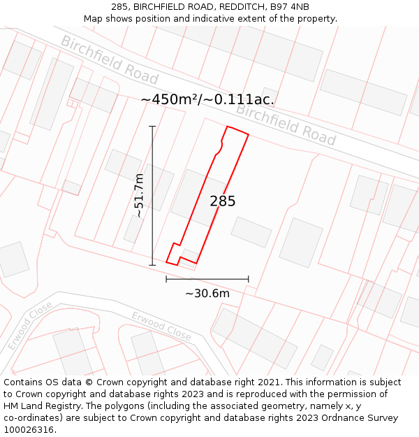 285, BIRCHFIELD ROAD, REDDITCH, B97 4NB: Plot and title map