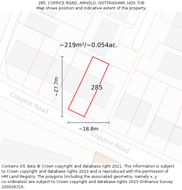 285, COPPICE ROAD, ARNOLD, NOTTINGHAM, NG5 7HE: Plot and title map