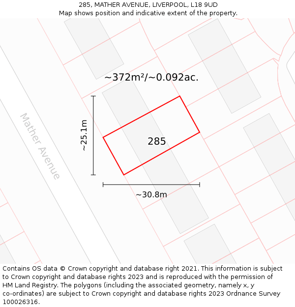 285, MATHER AVENUE, LIVERPOOL, L18 9UD: Plot and title map