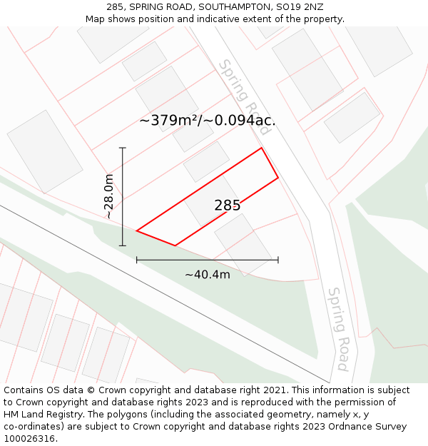 285, SPRING ROAD, SOUTHAMPTON, SO19 2NZ: Plot and title map