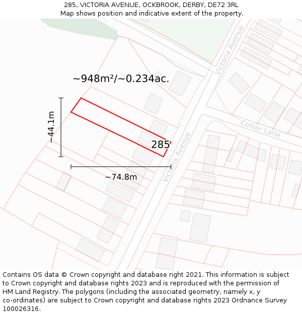 285, VICTORIA AVENUE, OCKBROOK, DERBY, DE72 3RL: Plot and title map