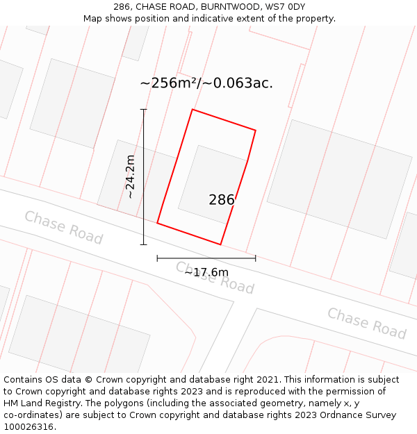 286, CHASE ROAD, BURNTWOOD, WS7 0DY: Plot and title map