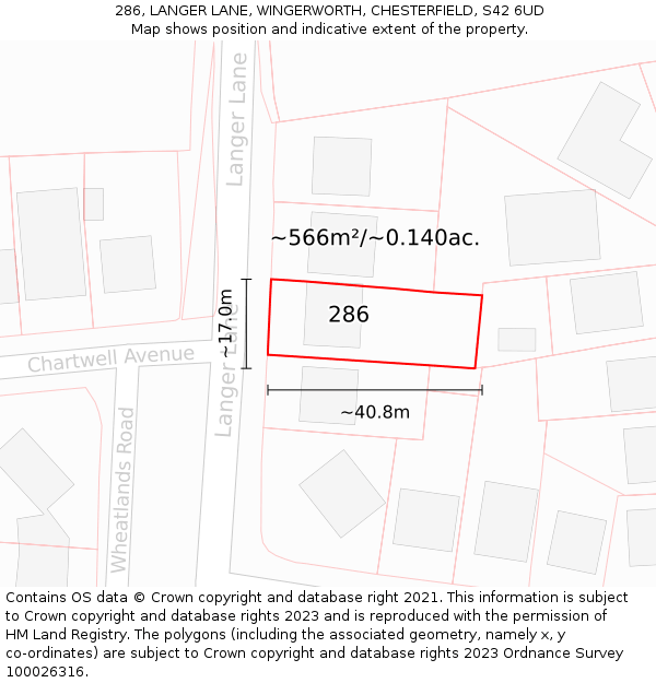 286, LANGER LANE, WINGERWORTH, CHESTERFIELD, S42 6UD: Plot and title map