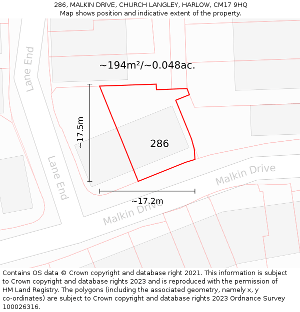 286, MALKIN DRIVE, CHURCH LANGLEY, HARLOW, CM17 9HQ: Plot and title map