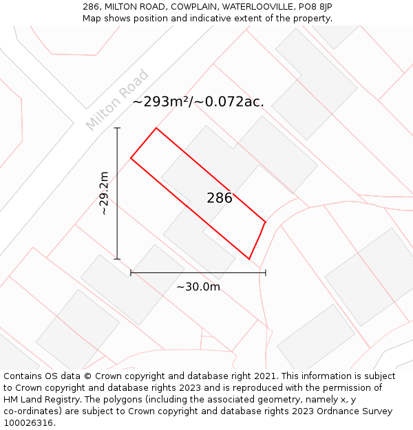 286, MILTON ROAD, COWPLAIN, WATERLOOVILLE, PO8 8JP: Plot and title map