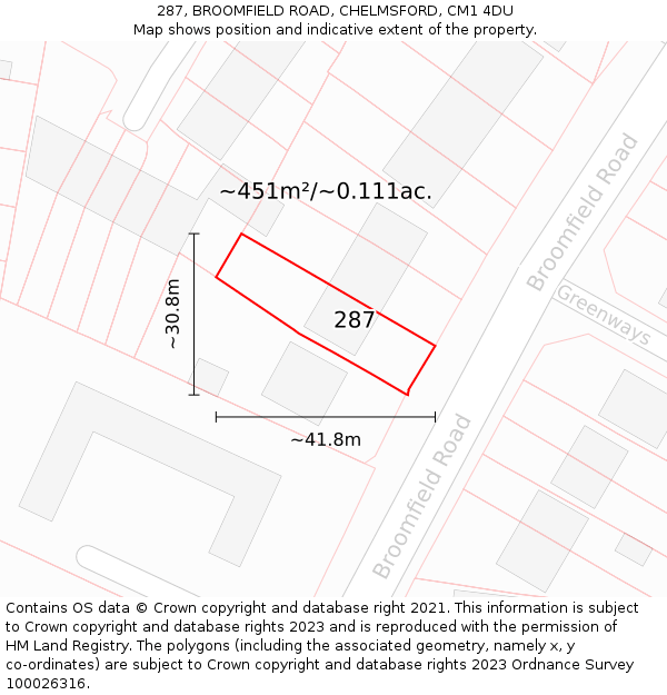 287, BROOMFIELD ROAD, CHELMSFORD, CM1 4DU: Plot and title map