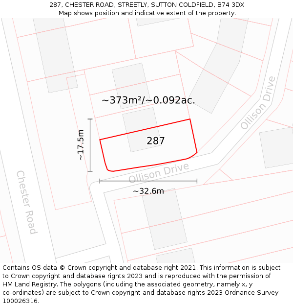 287, CHESTER ROAD, STREETLY, SUTTON COLDFIELD, B74 3DX: Plot and title map