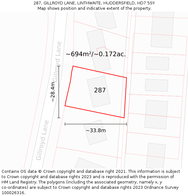 287, GILLROYD LANE, LINTHWAITE, HUDDERSFIELD, HD7 5SY: Plot and title map