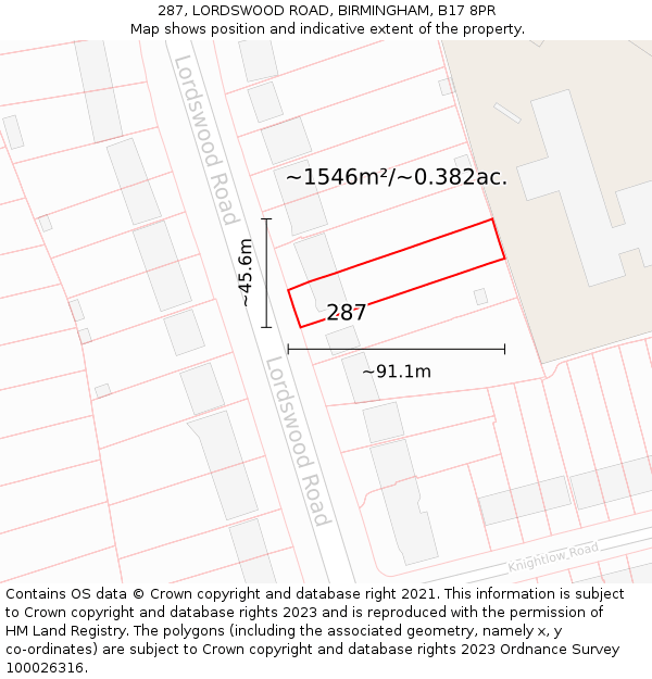 287, LORDSWOOD ROAD, BIRMINGHAM, B17 8PR: Plot and title map