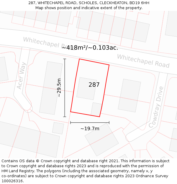 287, WHITECHAPEL ROAD, SCHOLES, CLECKHEATON, BD19 6HH: Plot and title map