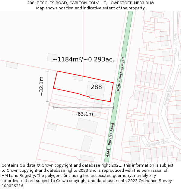 288, BECCLES ROAD, CARLTON COLVILLE, LOWESTOFT, NR33 8HW: Plot and title map