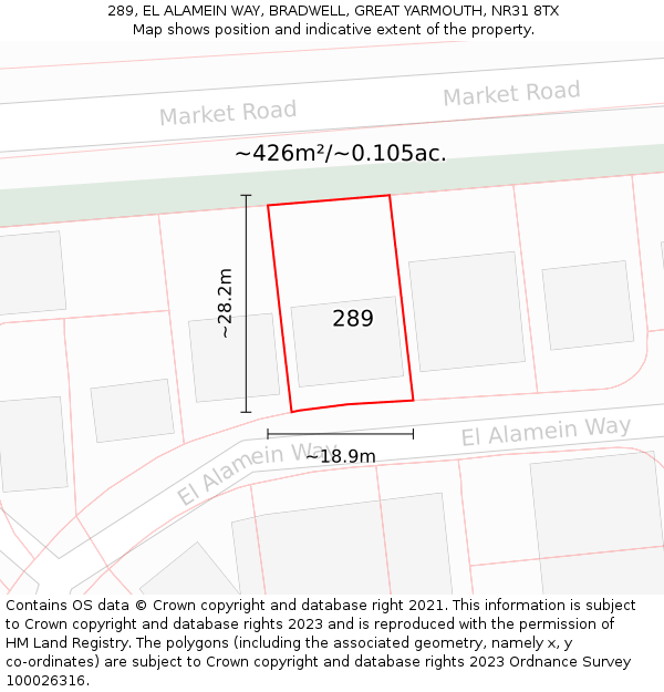 289, EL ALAMEIN WAY, BRADWELL, GREAT YARMOUTH, NR31 8TX: Plot and title map
