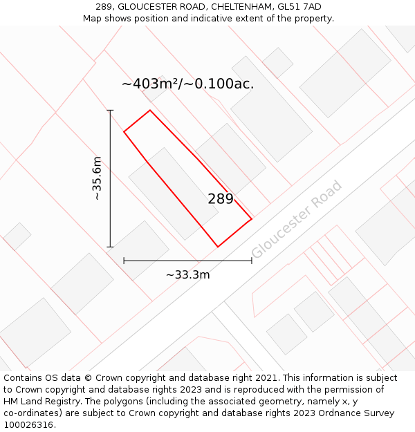 289, GLOUCESTER ROAD, CHELTENHAM, GL51 7AD: Plot and title map