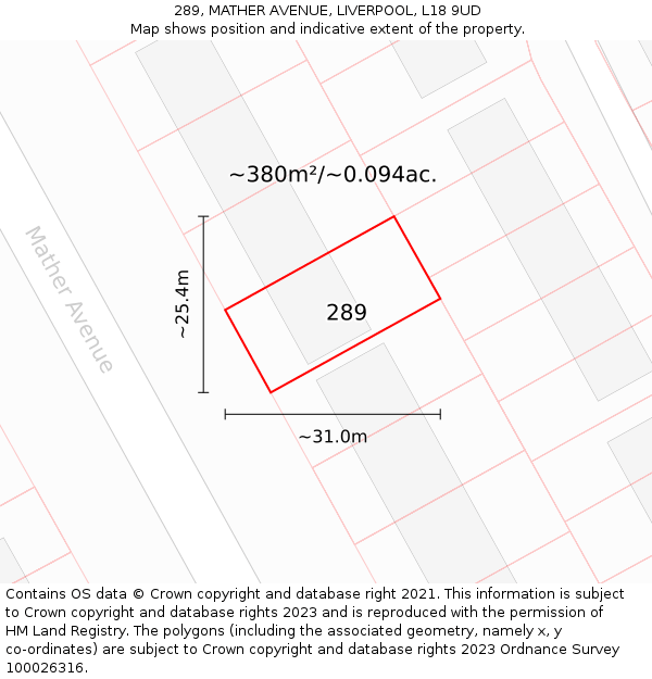 289, MATHER AVENUE, LIVERPOOL, L18 9UD: Plot and title map