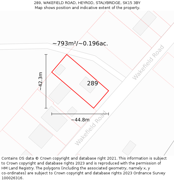 289, WAKEFIELD ROAD, HEYROD, STALYBRIDGE, SK15 3BY: Plot and title map