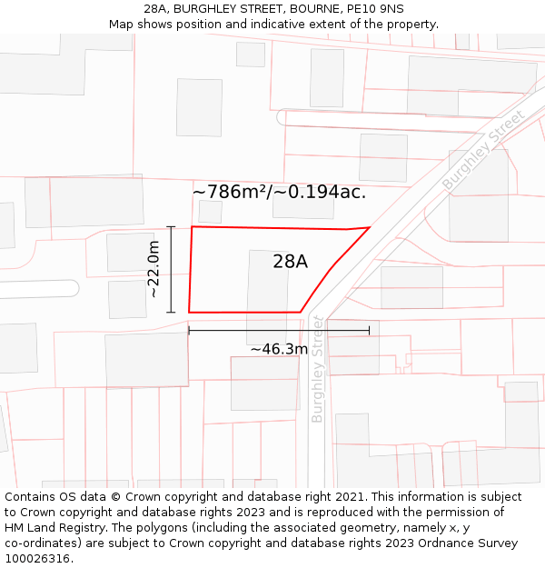 28A, BURGHLEY STREET, BOURNE, PE10 9NS: Plot and title map