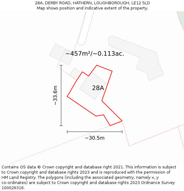 28A, DERBY ROAD, HATHERN, LOUGHBOROUGH, LE12 5LD: Plot and title map