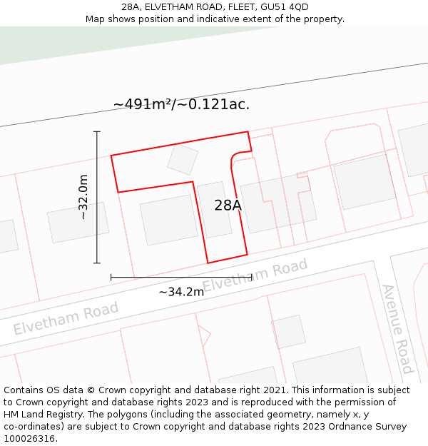 28A, ELVETHAM ROAD, FLEET, GU51 4QD: Plot and title map