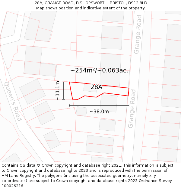 28A, GRANGE ROAD, BISHOPSWORTH, BRISTOL, BS13 8LD: Plot and title map