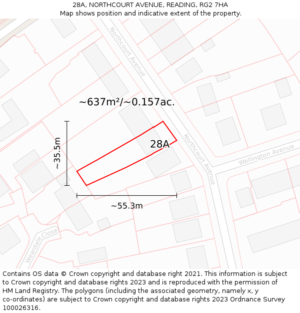 28A, NORTHCOURT AVENUE, READING, RG2 7HA: Plot and title map