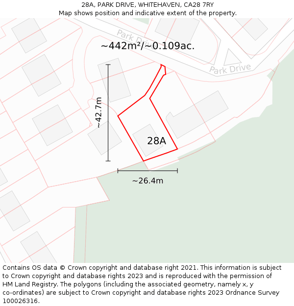 28A, PARK DRIVE, WHITEHAVEN, CA28 7RY: Plot and title map