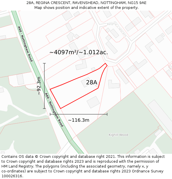 28A, REGINA CRESCENT, RAVENSHEAD, NOTTINGHAM, NG15 9AE: Plot and title map