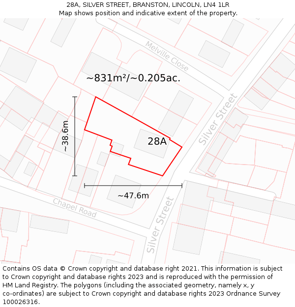 28A, SILVER STREET, BRANSTON, LINCOLN, LN4 1LR: Plot and title map