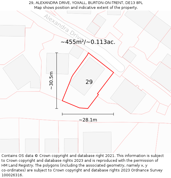 29, ALEXANDRA DRIVE, YOXALL, BURTON-ON-TRENT, DE13 8PL: Plot and title map