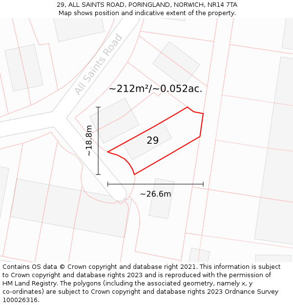29, ALL SAINTS ROAD, PORINGLAND, NORWICH, NR14 7TA: Plot and title map