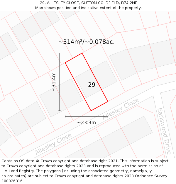 29, ALLESLEY CLOSE, SUTTON COLDFIELD, B74 2NF: Plot and title map