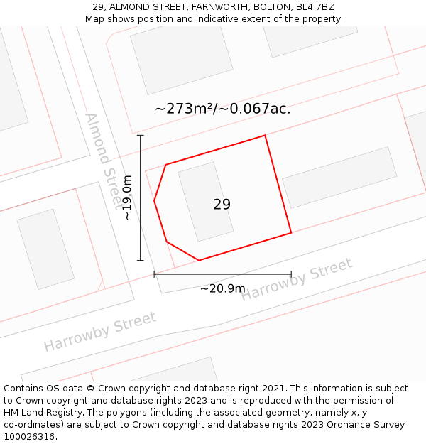 29, ALMOND STREET, FARNWORTH, BOLTON, BL4 7BZ: Plot and title map