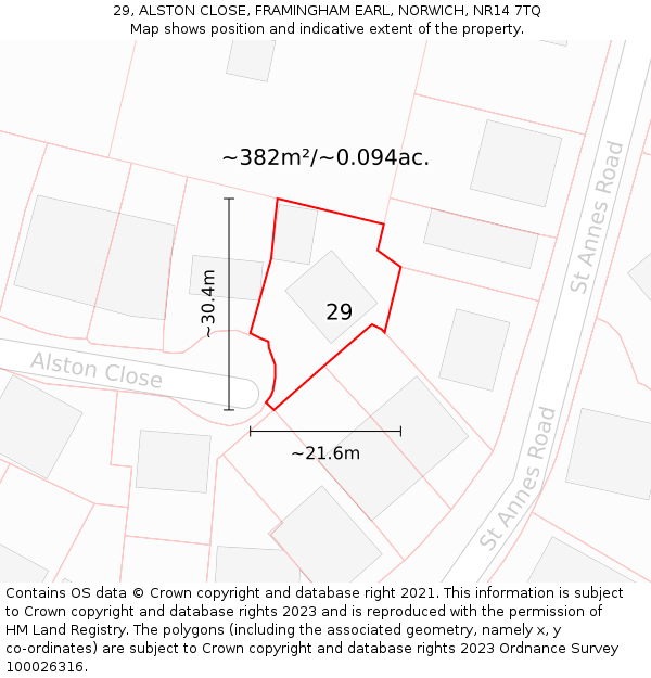 29, ALSTON CLOSE, FRAMINGHAM EARL, NORWICH, NR14 7TQ: Plot and title map