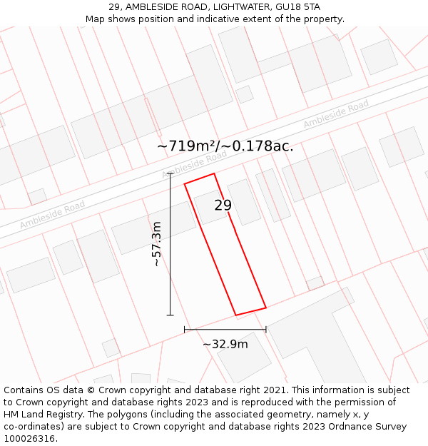 29, AMBLESIDE ROAD, LIGHTWATER, GU18 5TA: Plot and title map